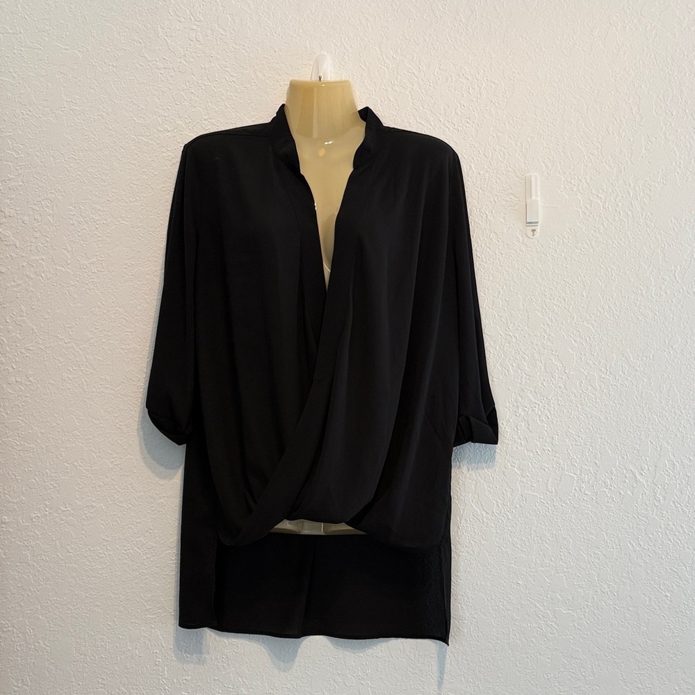 Lisa Rinna Collection Black Drape Crossover Tunic Blouse Half Sleeve Size S Top